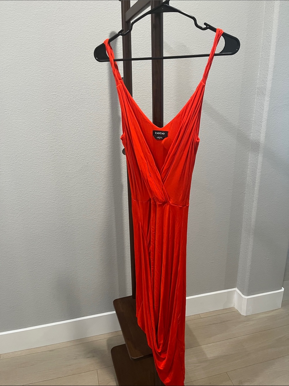 bebe Orange-Red Draped V-Neck Maxi Dress